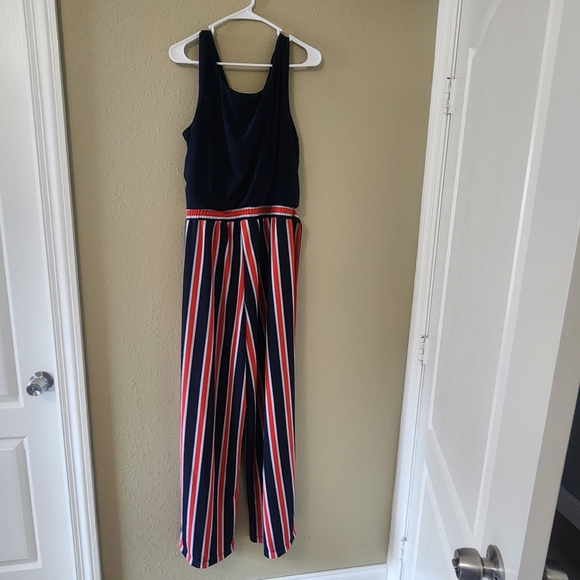 Emma & Michele Red & Blue Striped Jumpsuit with Navy Blue Top. - Picture 4 of 5